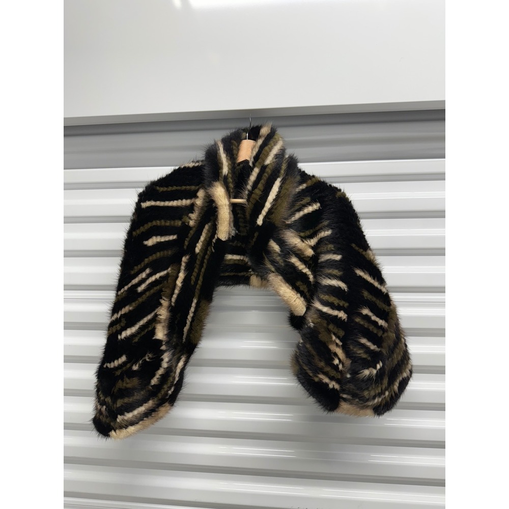 Genuine 100% Mink Fur Scarf Striped Black Green Cream Wrap Stole OS